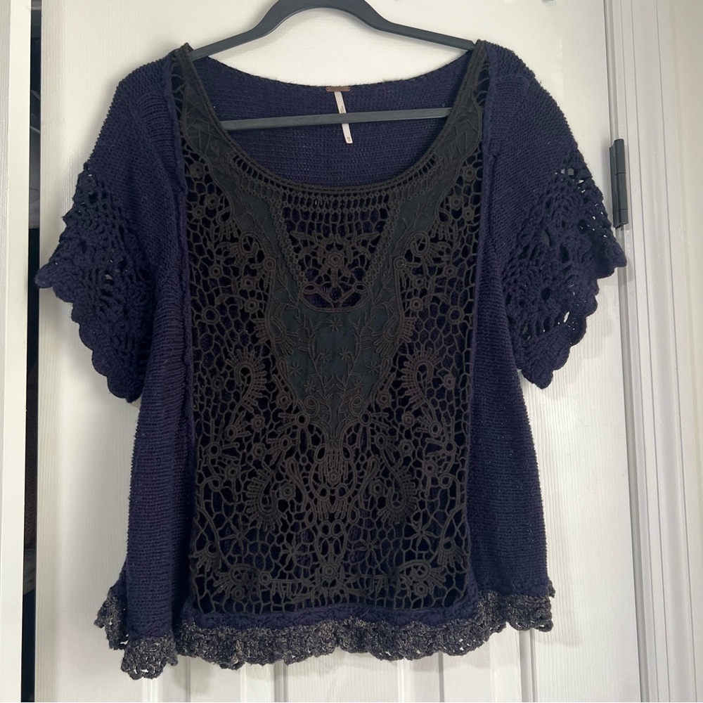 Oversized Free People Crochet Short Sleeve Blouse Shirt Top Ruffle Black Blue XS - Picture 5 of 13